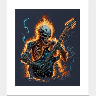 skeleton with fire guitar Posters and Art